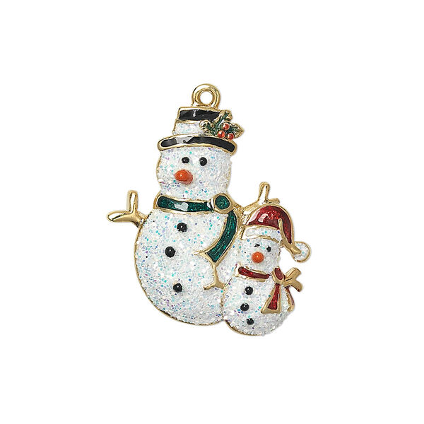 Charm, enamel and gold-finished "pewter" (zinc-based alloy), multicolored with glitter, 23x21.5mm single-sided two snowmen. Sold individually. image number 0