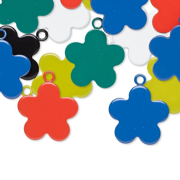 Charm mix, enameled steel, mixed colors, 15x15mm flower. Sold per pkg of 12. image number 0