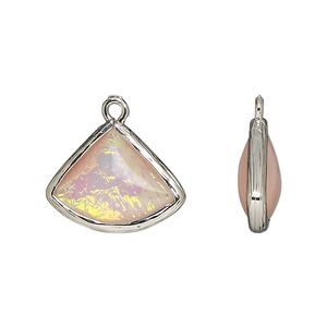 Drop, Opalized Ice™, "opal" (resin) and imitation rhodium-finished brass, opaque light pink, 19x15mm double-sided fan. Sold per pkg of 4.
