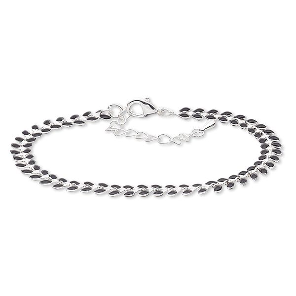 Bracelet, epoxy and silver-plated brass, black, 6.5mm wide with wreath design, 7-1/2 inches with 2-inch extender chain and lobster claw clasp. Sold individually. image number 0