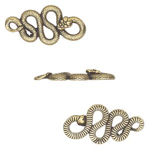 Link, TierraCast®, antique gold-plated pewter (tin-based alloy), 24x11.5mm 2-sided textured rattlesnake. Sold per pkg of 2.