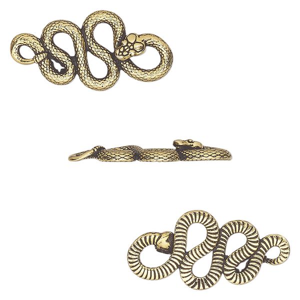 Link, TierraCast®, antique gold-plated pewter (tin-based alloy), 24x11.5mm 2-sided textured rattlesnake. Sold per pkg of 2. image number 0