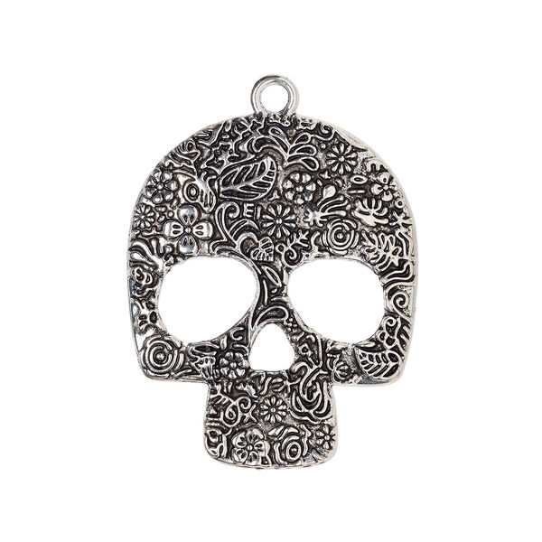 Focal, antique silver-finished "pewter" (zinc-based alloy), 58x47mm single-sided skull with floral design. Sold individually. image number 0