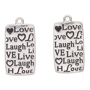 Charm, antique silver-finished enamel "pewter" (zinc-based alloy), black, 25x15mm rectangle with "Love, laugh, live" heart design. Sold per pkg of 2.