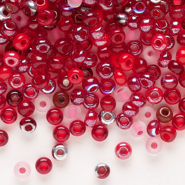 Seed bead mix, glass, pkg/100g, #6 rocaille, opaque and translucent multi-red. image number 0