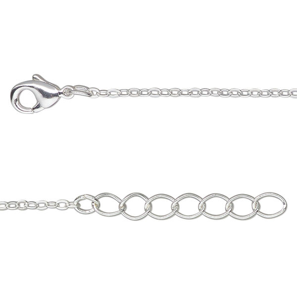 Chain, silver-finished brass, 1.5mm cable, 24 inches with 2-inch extender chain and lobster claw clasp. Sold per pkg of 2. image number 0