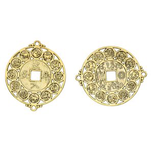 Focal, antique brass-finished "pewter" (zinc-based alloy), 45mm two-sided round with Chinese zodiac design and cutout square. Sold per pkg of 2.