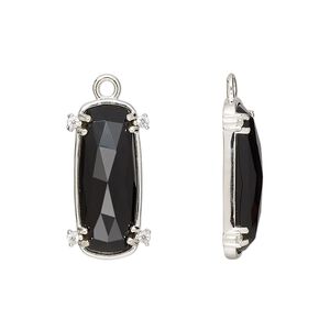 Drop, black onyx (dyed) / cubic zirconia / sterling silver, clear, 21x11mm hand-cut single-sided faceted oval, Mohs hardness 6-1/2 to 7. Sold individually.