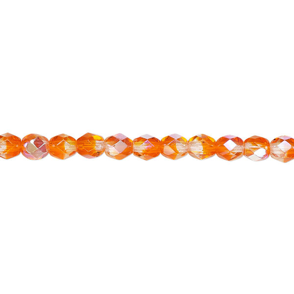 Bead, Czech fire-polished glass, two-tone, crystal/orange AB, 4mm faceted round. Sold per 15-1/2" to 16" strand. image number 0