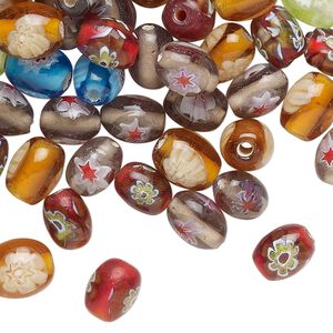 Bead mix, millefiori glass, translucent mixed colors, 8x6mm oval. Sold per 2-ounce pkg, approximately 105 beads.