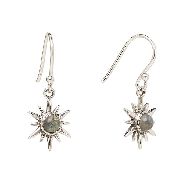 Ear wire, Create Compliments®, antiqued sterling silver and labradorite (natural), fishhook, 27mm with 12mm single-sided star, 21 gauge. Sold per pair. image number 0
