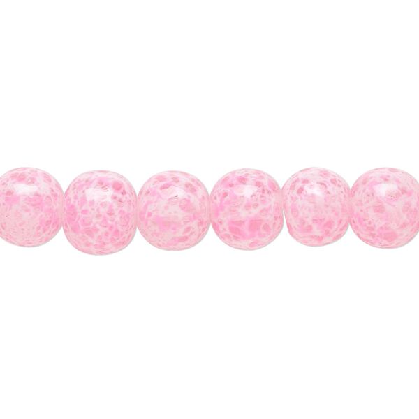 Bead, glass, opaque light pink / white / clear, 7-8mm round with random spotted pattern. Sold per 15-1/2" to 16" strand. image number 0