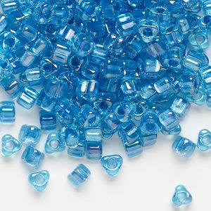 Seed bead, Miyuki, glass, transparent light blue color-lined aqua, (TR1823), #5 triangle. Sold per 250-gram pkg.