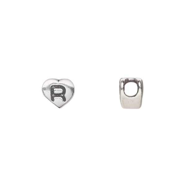 Bead, sterling silver, 7.5x7mm heart with alphabet letter "R." Sold individually. image number 0