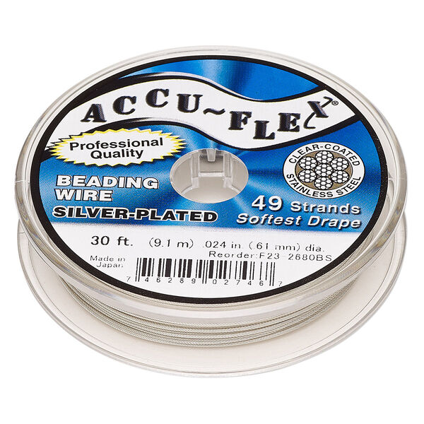Beading wire, Accu-Flex®, nylon and silver-plated stainless steel, clear, 49 strand, 0.024-inch diameter. Sold per 30-foot spool. image number 0
