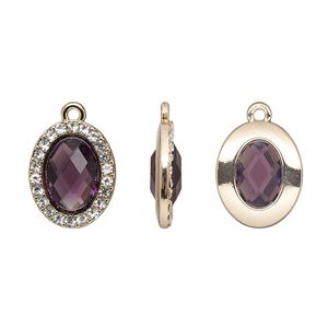 Drop, glass / glass rhinestone / gold-finished "pewter" (zinc-based alloy), clear and transparent amethyst purple, 19x15.5mm single-sided oval. Sold per pkg of 2.