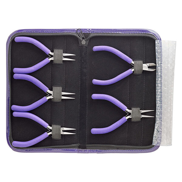 Pliers set, side-cutter / round-nose / flat-nose / chain-nose / curved chain-nose, stainless steel / PVC foam / vinyl, purple, 5-1/4 inches with 10x6x1-1/4 inch case. Sold per 5-piece set. image number 0