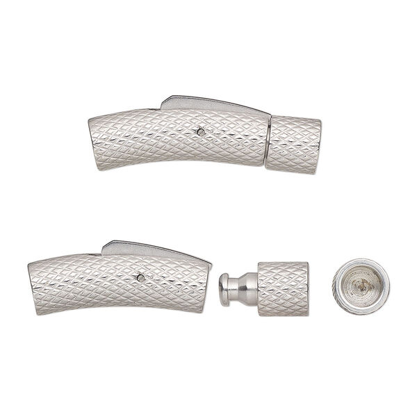Clasp, bullet, stainless steel, 29.5x7mm knurled curved round tube with push button and glue-in ends, 5mm inside diameter. Sold individually. image number 0