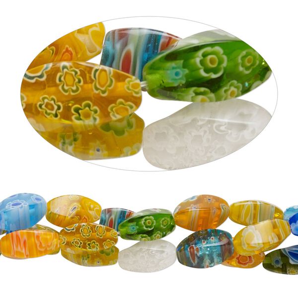 Bead mix, millefiori glass, opaque to transparent multicolored, 16x8mm 4-sided twisted oval with 0.6-0.8mm hole. Sold per pkg of (3) 15-inch strands. image number 0