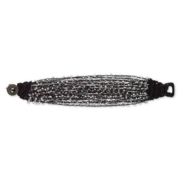 Bracelet, 22-strand, glass / nylon / antique brass-plated "pewter" (zinc-based alloy), black and silver-lined clear, 35mm wide, 7 inches with Chinese coin replica button clasp. Sold individually. image number 0