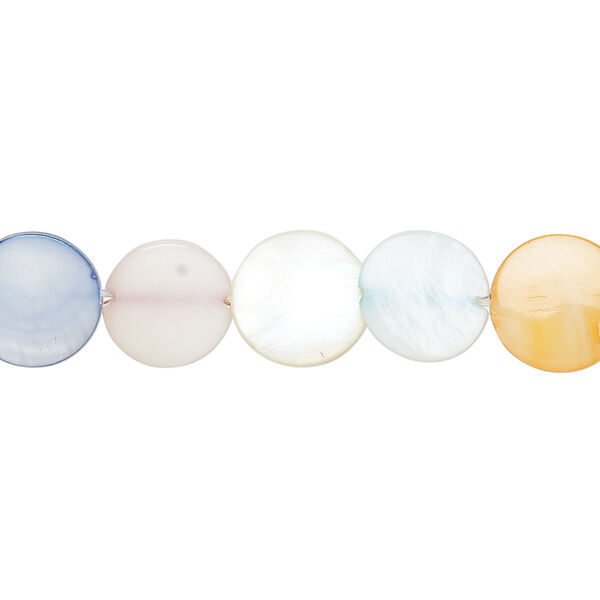 Mother-of-pearl shell 1pkg1, puffed flat round bead 15 inch mixed pastel colors 9-11mm image number 0