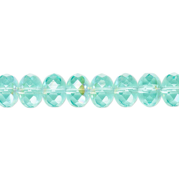 Bead, Czech fire-polished glass, transparent light aqua AB, 9x5mm faceted rondelle. Sold per 15-1/2" to 16" strand. image number 0