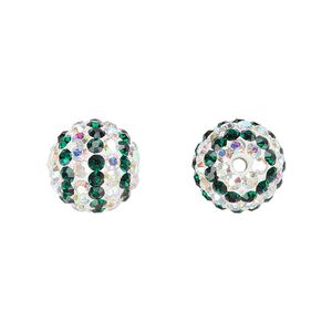 Bead, Egyptian glass rhinestone / epoxy / resin, white / dark green / clear AB, 12mm round with pavé striped design. Sold individually.