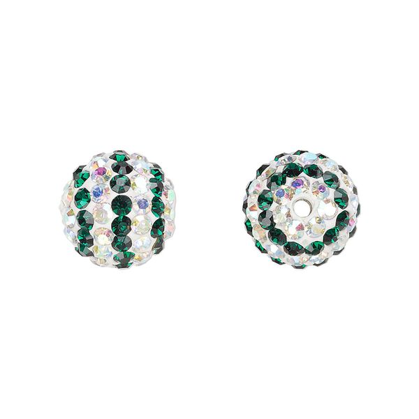 Bead, Egyptian glass rhinestone / epoxy / resin, white / dark green / clear AB, 12mm round with pavé striped design. Sold individually. image number 0