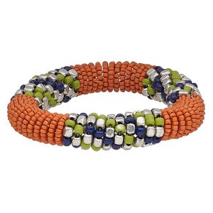 Bracelet, glass / steel memory wire / silver-plated steel, orange / blue / green, 15mm wide, 7-inch adjustable. Sold individually.