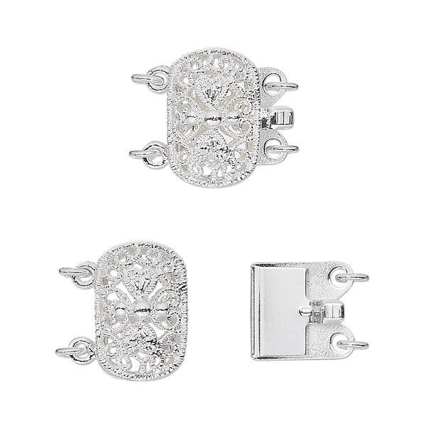 Clasp, 2-strand tab, silver-plated brass, 15x9mm filigree oval. Sold per pkg of 4. image number 0
