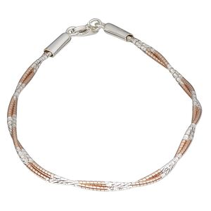 Bracelet, 2-strand, sterling silver and rose gold-plated sterling silver, 1.2mm diamond-cut twisted snake, 7-1/2 inches with lobster claw clasp. Sold individually.