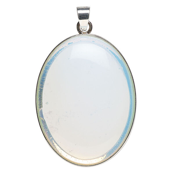 Pendant, silver-finished brass and sea "opal" glass, 42x32mm oval. Sold individually. image number 0