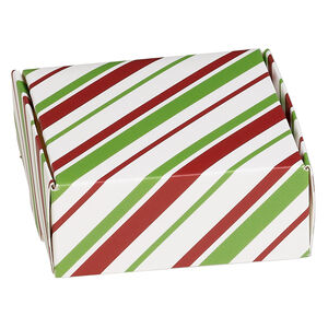 Box, paper, red / green / white, 3x3x1-inch unassembled square with stripe design. Sold per pkg of 10.