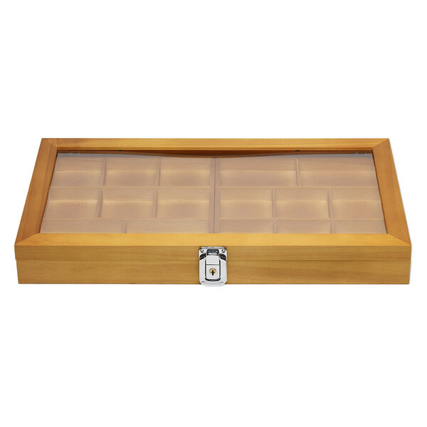 Organizer, stained wood / acrylic / brass / imitation rhodium-finished steel, brown / black / clear, 14-3/4 x 8-1/4 x 1-3/4 inch hinged rectangle with 7 x 7-1/2 x 3/4 inch tray and 16 compartments with key lock. Sold individually. image number 0