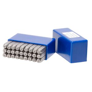 Stamp, tempered chrome vanadium steel, 2.5-4mm italic lowercase alphabet letters A-Z and "&" symbol, 2-3/8 inches long with 7x7mm square shank. Sold per 27-piece set in plastic box.