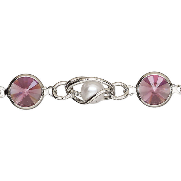 Chain, VINTAGE Crystal™, imitation rhodium-plated brass and crystal, rose and white, 9mm round pearl and rivoli link. Sold per pkg of 1 meter. image number 0