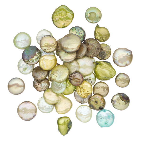 Pearl, cultured freshwater pearl (dyed), mixed colors, 12x11mm-28x16mm flat round, Mohs hardness 2-1/2 to 4. Sold per 2-ounce pkg, approximately 42 beads. image number 0