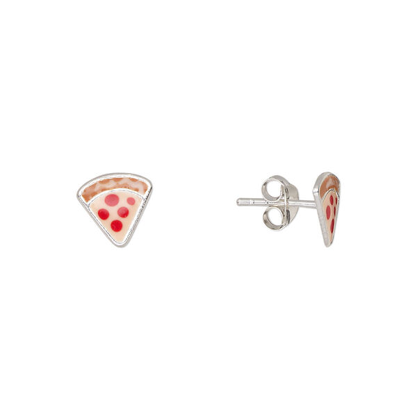 Earstud, Create Compliments®, sterling silver and enamel, brown / red / orange, 8mm pizza slice. Sold per pair. image number 0