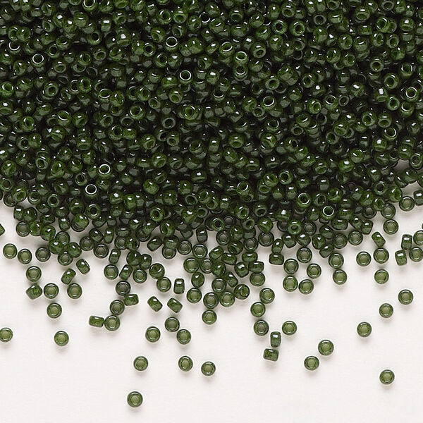 Seed bead, Miyuki, glass, pkg/35g, #15 rocaille, opaque outside dyed olive green, (RR-1488). image number 0