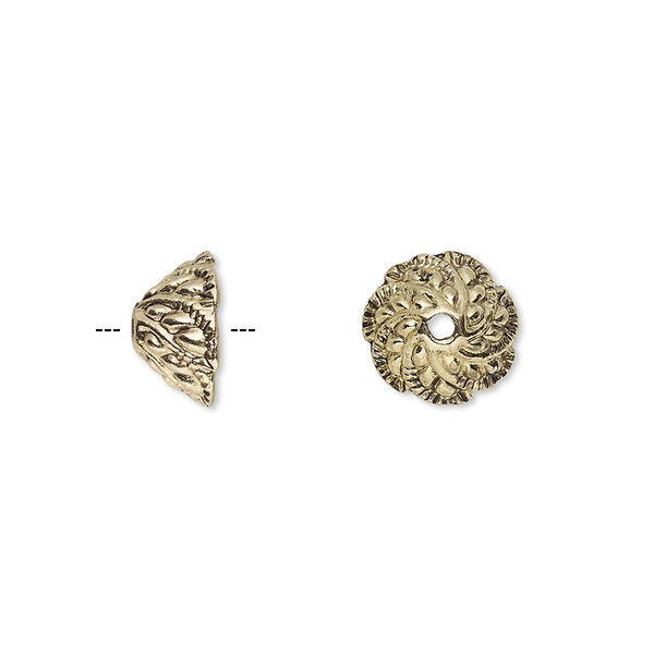 Bead cap, antique gold-finished "pewter" (zinc-based alloy), 10.5x6mm fancy leaf, fits 6-8mm bead. Sold per pkg of 20. image number 0