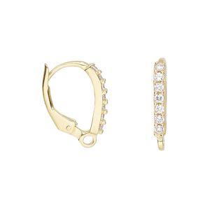 Ear wire leverback 1pkg2 sterling silver / cubic zirconia, 16mm / closed loop, "vermeil" clear 1 pair