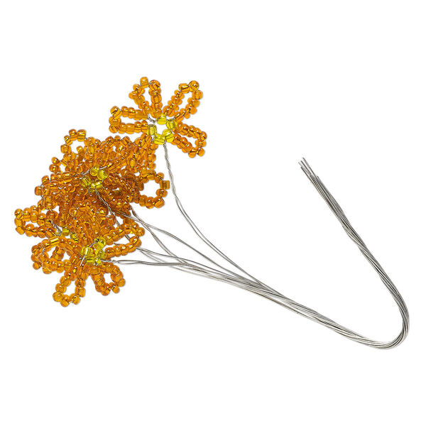 Wire pick, glass and steel, silver-lined orange and yellow, 4-1/2 inches with 20x19mm flower. Sold per pkg of 6. image number 0