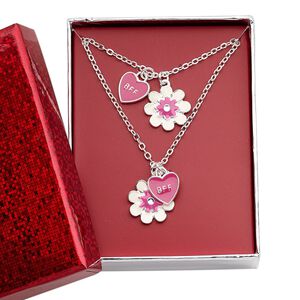 Necklace, glass rhinestone / enamel / silver-finished brass / steel / "pewter" (zinc-based alloy), cream / pink / clear, 11x11mm heart and 16.5x16.5mm flower, 16 inches with 3-inch extender chain and lobster claw clasp. Sold per pkg of 2.