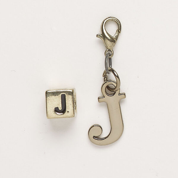 Bead and charm, brass-finished "pewter" (zinc-based alloy) / steel / enamel, black, 7mm cube with alphabet letter "J" and 12x11mm alphabet letter "J" with lobster claw clasp . Sold per pkg of 2. image number 0