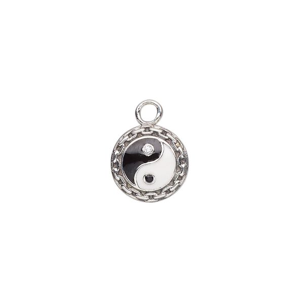 Charm, antique sterling silver / cubic zirconia / enamel, black / clear / white, 10mm single-sided domed round with yin-yang design and chain link edge. Sold individually. image number 0