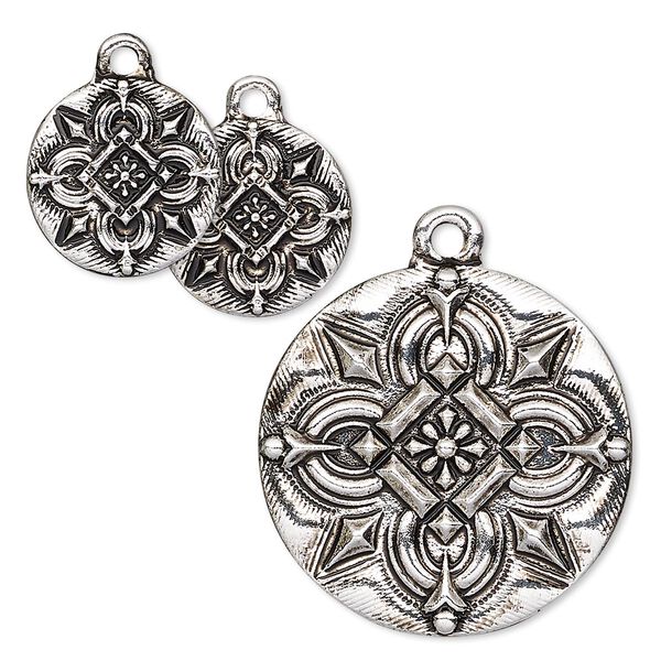 Drop, antique silver-finished "pewter" (zinc-based alloy), 15mm and 25mm flat round with Celtic design. Sold per 3-piece set. image number 0