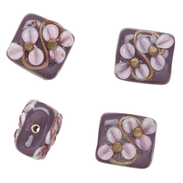 Bead, lampworked glass 1pkg4, multicolored, 18x16mm rectangle with flowers and vine. image number 0