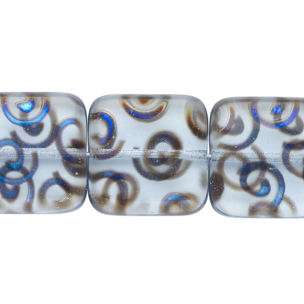 Bead, Czech pressed glass, semitransparent light blue and metallic blue black, 18x18mm flat square with swirl pattern. Sold per 15-1/2" to 16" strand. image number 0