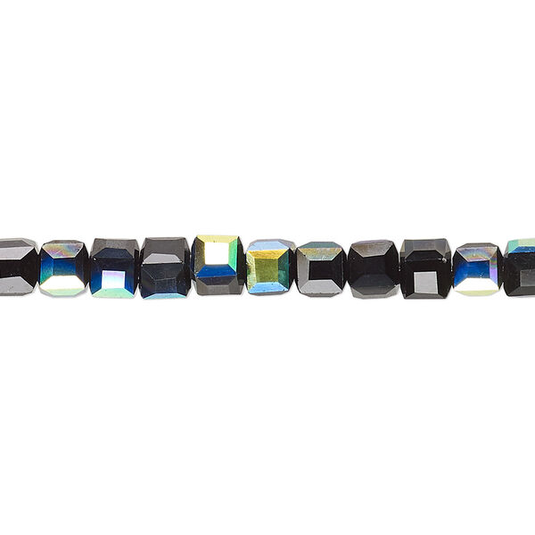 Bead 1pk 18 facets opaque black AB, Celestial Crystal® 4mm cube 15.5-16 inch image number 0