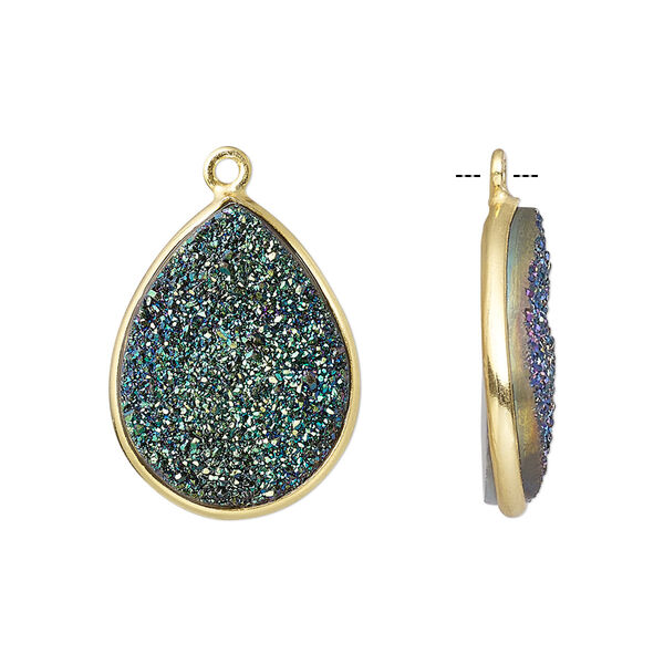Drop, titanium- / electro-coated druzy agate (coated) / gold-finished sterling silver, green, 21x16mm hand-cut single-sided flat teardrop. Sold individually. image number 0